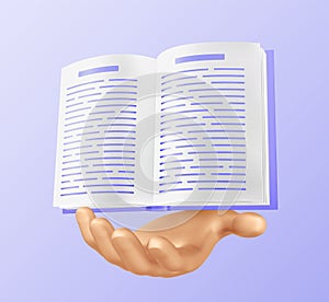 Book in hand. Open Book 3D icon for learning or reading concept. Education infographic template design with e-book. Vector