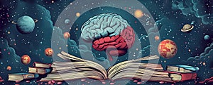 Book with human brain and solar system, education and science concept, learning new skills, have wisdom and knowledge, world book