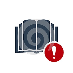 Book icon, education icon with exclamation mark. Book icon and alert, error, alarm, danger symbol