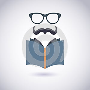 Book icon with Glasses and Mustache. Hipster style.