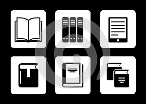 Book icons on black background