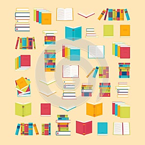 Book icons set in flat style for your design. School books background. Library, bookstore. Education concept
