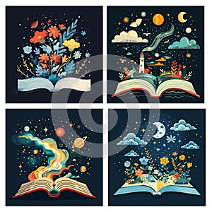 Book imagination concept. Open books fantasy dream story with flowers, fairy tower space planets night sky stars, school