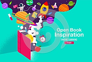 Book Inspiration, Online Learning, study from home, back to school, flat vector photo