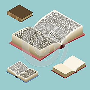 Book isometric set. Open volume . Ancient text. old edit