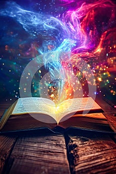 Book of knowledge is shown with blue and purple smoke or aura surrounding it implying that it contains powerful or