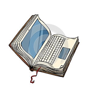 Book laptop electronic library, online education isolate on white background