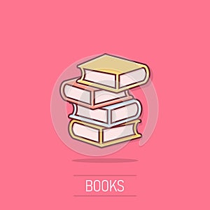 Book library icon in comic style. Encyclopedia cartoon vector illustration on isolated background. Dictionary splash effect sign