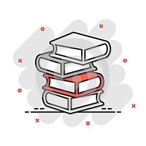 Book library icon in comic style. Encyclopedia cartoon vector illustration on white isolated background. Dictionary splash effect
