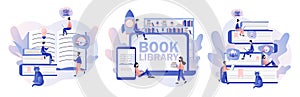 Book library. Literature fans, E-book, media library, learning online. Tiny people reading books. Modern flat cartoon