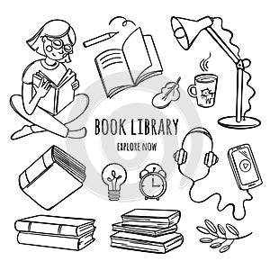 BOOK LIBRARY Monochrome Bookstore Online Concept Education