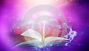Book in library with old open textbook, stack Abstract, magic book, gold magic, blank, magic light for making background images an