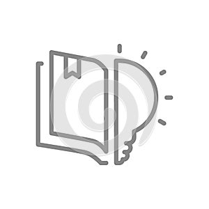 Book with light bulb line icon. Brainstorm, encyclopedia symbol