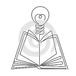 Book with light bulb one line art,hand drawn continuous contour.Idea brainstorm concept, knowledge is power,template outline.