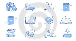 Book line doodle icon set. Hand drawn sketch doodle style line icon book, diary. Open library, reading, school education