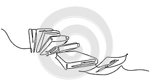Book line drawing, continuous stack of books with pen and paper for writing. Minimalist hand drawn vector illustration design