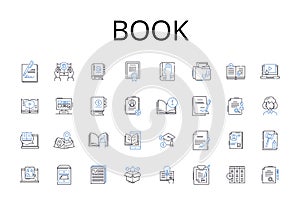 Book line icons collection. Tome, Read, Novel, Manuscript, Text, Volume, Publication vector and linear illustration