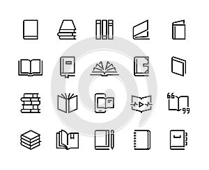 Book line icons. Open magazine, library education set, bookstore order collection. Vector dictionary bible textbook thin