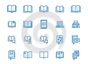 Book line icons set. Open books, dictionary, bible, audio novel, literature education minimal vector illustrations