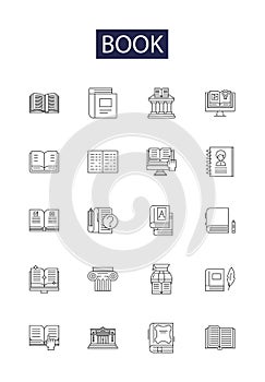 Book line vector icons and signs. Novel, Story, Reading, Fiction, Hardcover, Paperback, Biography, Textbook outline