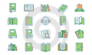 Book and literature icon set in fill outlined style.