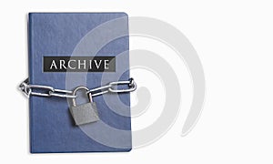 The book is locked under lock and key on a white background. Secret archive.