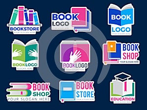 Book logo. Publishing business identity symbols stylized graphic pictures of books and magazines education learning