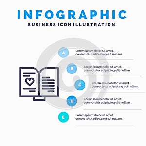 Book, Love, Heart, Wedding Line icon with 5 steps presentation infographics Background