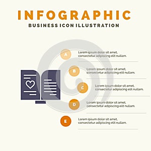 Book, Love, Heart, Wedding Solid Icon Infographics 5 Steps Presentation Background