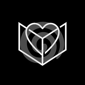 Book love logo template, book lover icon, book and heart symbol, line art illustration, white color on black background
