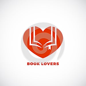 Book Lovers Abstract Vector Sign, Emblem or Logo Template. Negative Space Open Book in a Heart Silhouette.