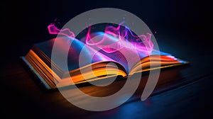 Book with magical neon glow, concept of knowledge and education created with generative AI technology