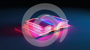 Book with magical neon glow, concept of knowledge and education created with generative AI technology