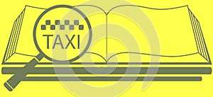 Book with magnifier and taxi symbol