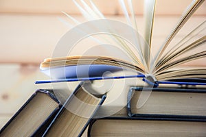 Book. many books. Stack of colorful books. Education background. Back to school. Book, hardback colorful books on wooden table. Ed