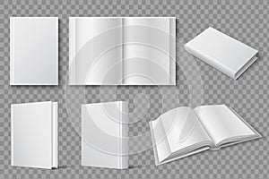 Book mockup. Blank white closed and open books. Textbooks and brochures isolated vector template