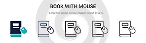 Book with mouse icon in filled, thin line, outline and stroke style. Vector illustration of two colored and black book with mouse