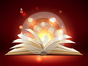 Book mystic light. Realistic opened magic pages with shining and glowing particles, education and entertainment