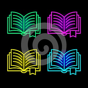 Book neon icons. Textbook silhouette in bright colors. Glowing neon book sign. Set of vector icons