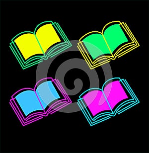 Book neon icons. Textbook silhouette in bright colors. Glowing neon book sign. Set of vector icons