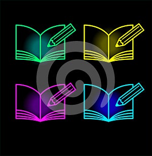 Book neon icons. Textbook silhouette in bright colors. Glowing neon book sign. Set of vector icons