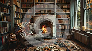 book nook design, a warm fireside paired with a comfy armchair creates the perfect spot to delve into a captivating