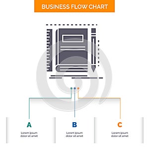 Book, notebook, notepad, pocket, sketching Business Flow Chart Design with 3 Steps. Glyph Icon For Presentation Background