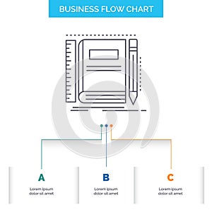 Book, notebook, notepad, pocket, sketching Business Flow Chart Design with 3 Steps. Line Icon For Presentation Background Template