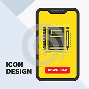 Book, notebook, notepad, pocket, sketching Glyph Icon in Mobile for Download Page. Yellow Background