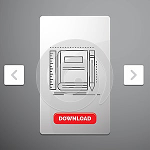 Book, notebook, notepad, pocket, sketching Line Icon in Carousal Pagination Slider Design & Red Download Button