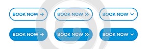 Book now button vector icon set. Linear book now web banner templates for website and mobile apps