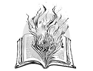 Book open and burning in fire hand drawn sketch