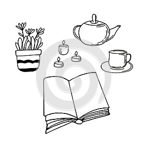 book is open, candle, tea, teapot, cup, flower in a pot. reading concept. sketch hand drawn doodle style. vector