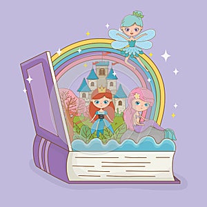Book open with fairytale mermaid with fairy and princess